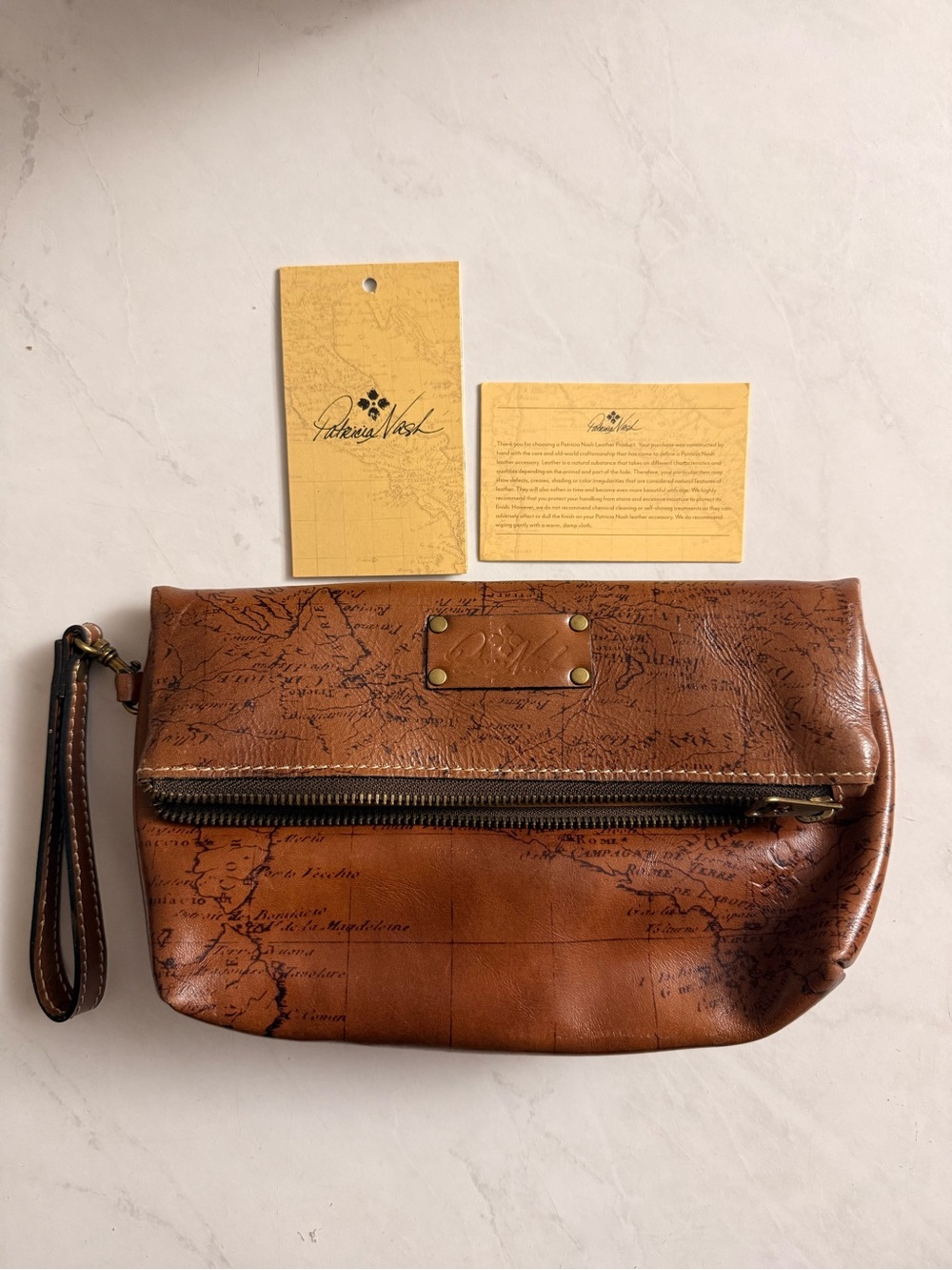 NWT Patricia Nash Valerie Foldover Wristlet Clutch Leather Italian Map Print